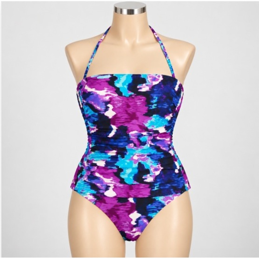 Tommy Bahama Floral Watercolor Blue Ruched Bandeau Neckline One Piece Swimsuit 8